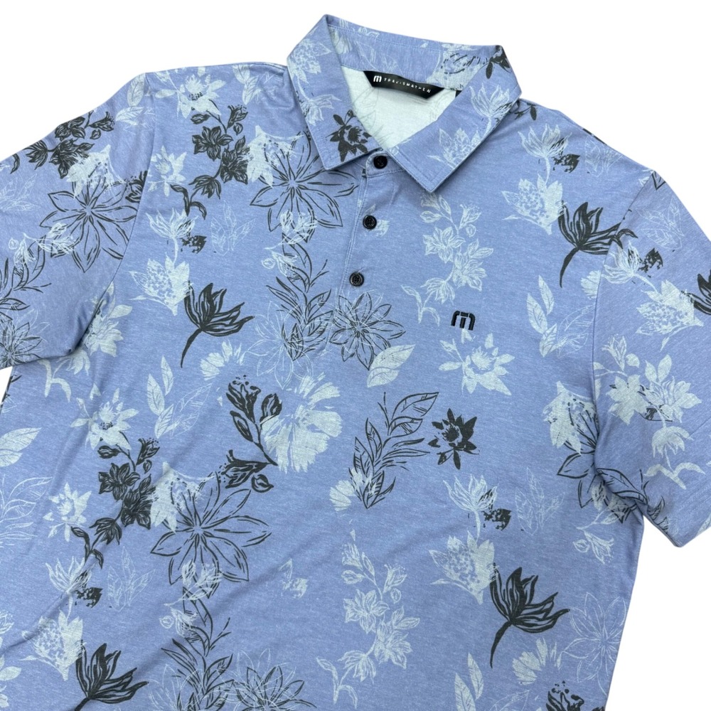 TravisMathew Polo Shirt Mens Large Blue Floral Short Sleeve Golf Performance Top